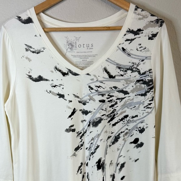 Lotus by Soma Peruvian Pima Cotton V Neck Abstract Artsy Print Cream Shirt Sz MD - Picture 2 of 10